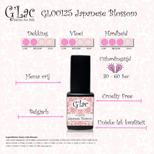 Japanese Blossom Gellak gellaknagels nagelproduckten G'lac vloeit mooi uit waardoor vijlen tot een minimum beperkt wordt, gellaknagels